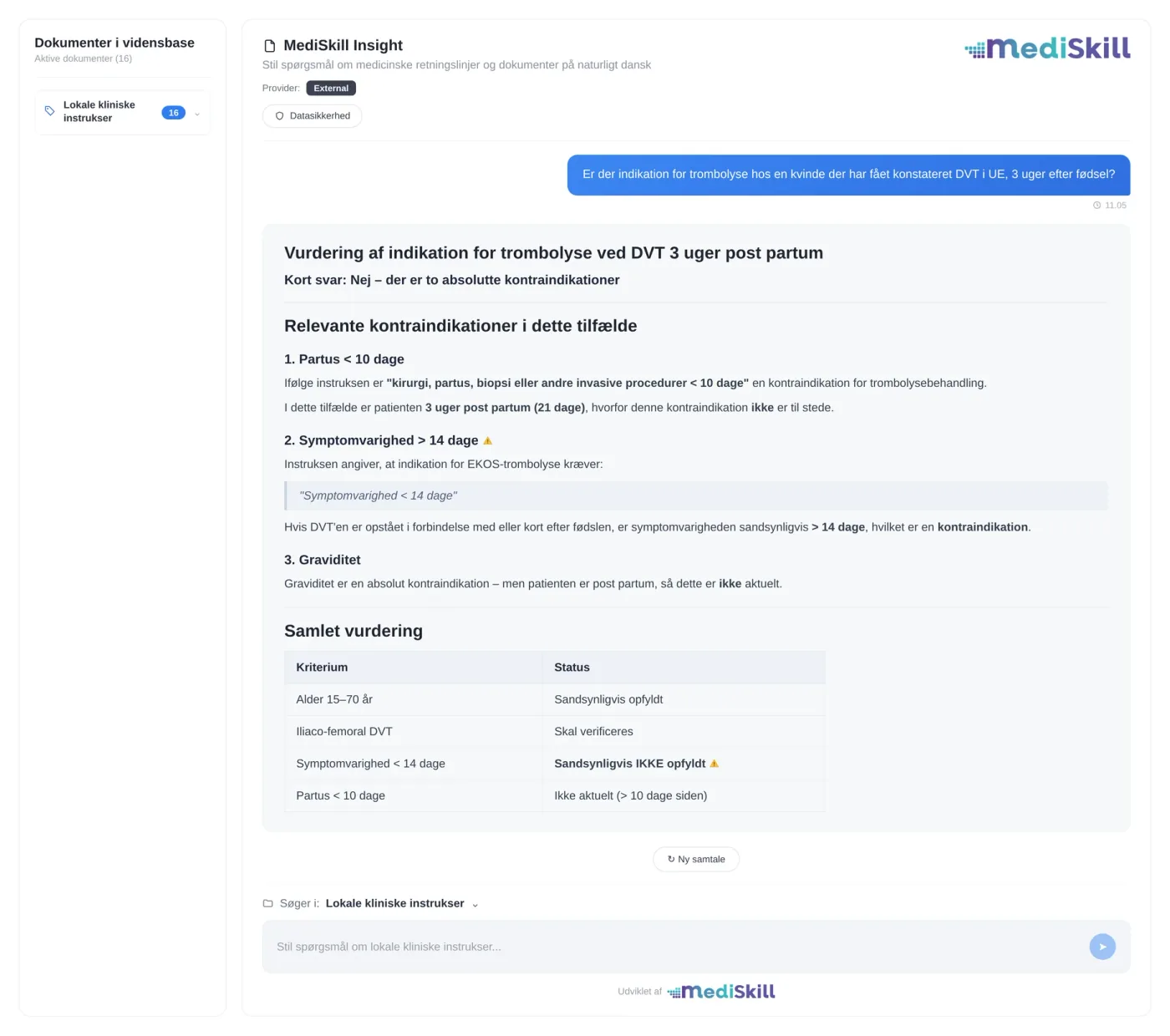 MediSkill Insight chatinterface til arbejdspladsens vidensbase